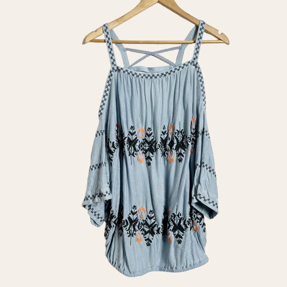 Free People Blue New World Embroidered Bohemian Cold Shoulder Peasant Top Size M - Picture 4 of 11